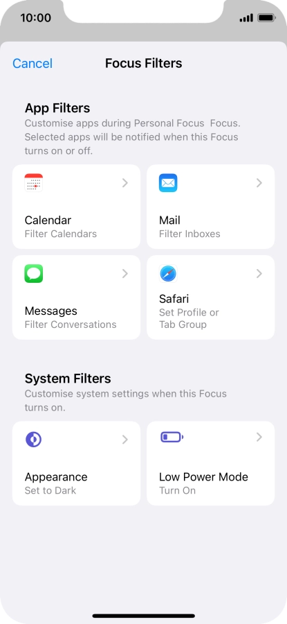 To see specific calendars in the selected focus mode, press Calendar and follow the instructions on the screen to select the required calendars.