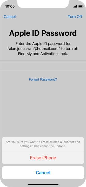 Key in the password for your Apple ID and press Erase iPhone. Wait a moment while the factory default settings are restored. Follow the instructions on the screen to set up your phone and prepare it for use.