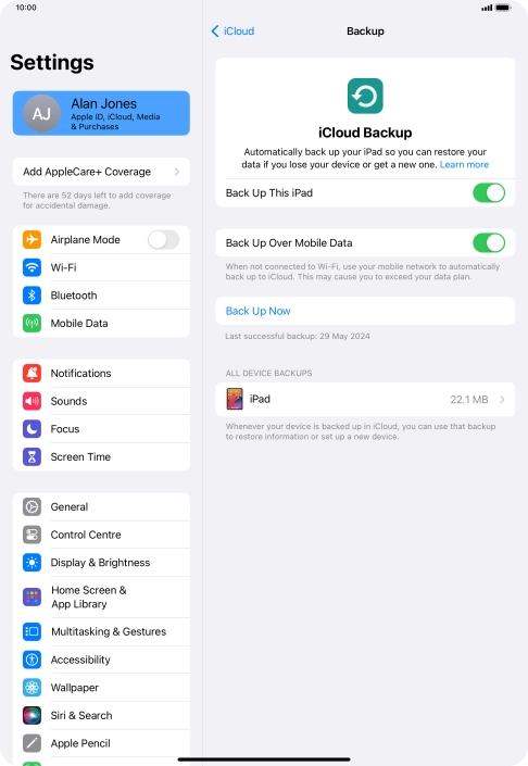 Press Back Up Now and wait while the tablet memory is backed up.