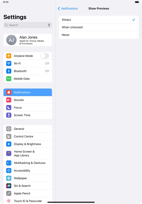 To select notification preview on the lock screen, press Always.
