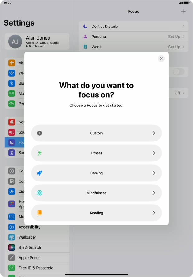 Press the required focus mode and follow the instructions on the screen to add the selected focus mode.