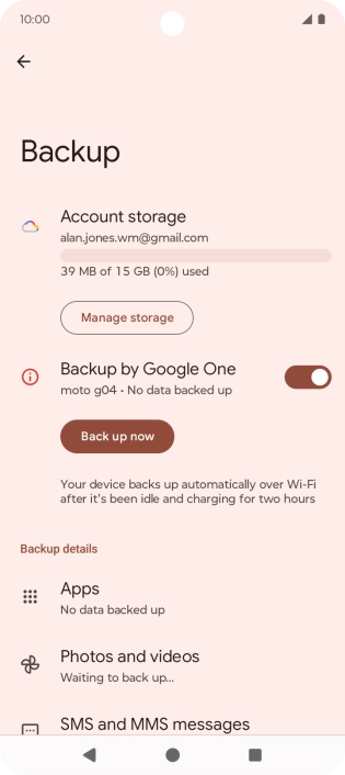 Press Back up now and wait while the phone memory is backed up.