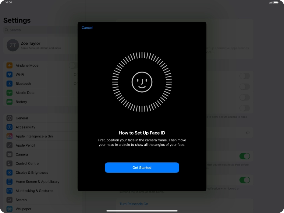 Press Get Started and follow the instructions on the screen to set up Face ID.