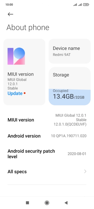 Press MIUI version. If a new software version is available, it's displayed. Follow the instructions on the screen to update the phone software.