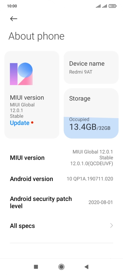 Press MIUI version. If a new software version is available, it's displayed. Follow the instructions on the screen to update the phone software.