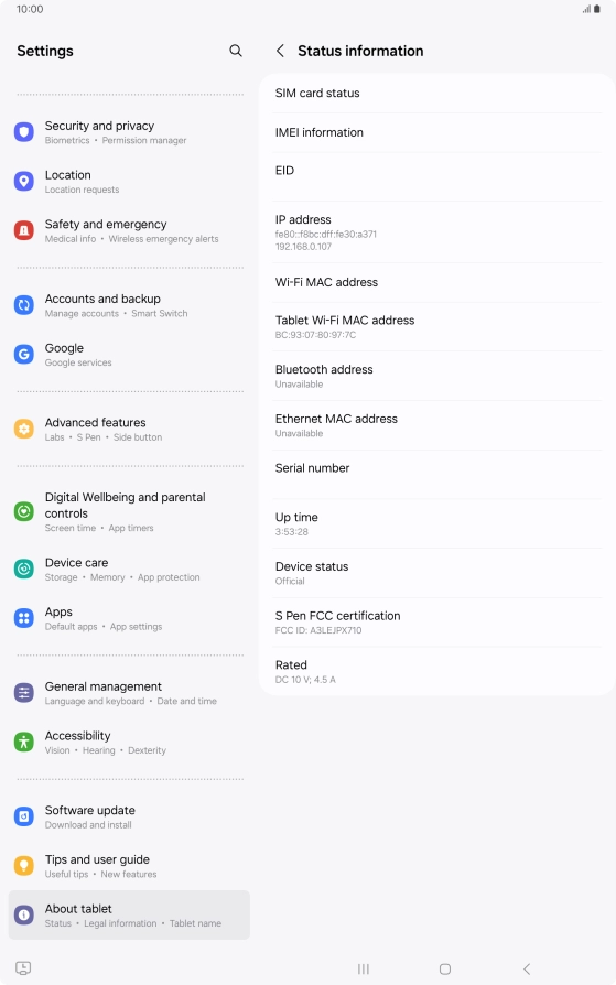 Your tablet's EID number is displayed below EID.
