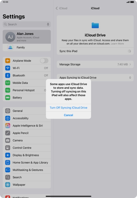 If you turn off the function, press Turn Off Syncing iCloud Drive.