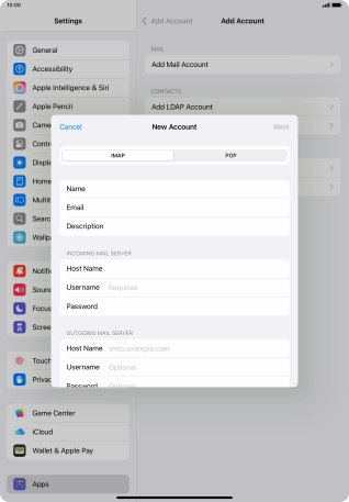 Press Username and key in the username for your email account.