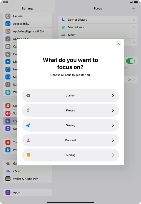 Press the required focus mode and follow the instructions on the screen to add the selected focus mode.