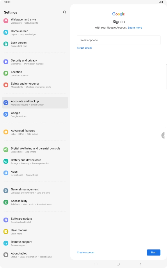 If you don't have a Google account, press Create account and follow the instructions on the screen to create an account. If you don't have a Google account, press Create account and follow the instructions on the screen to create an account.