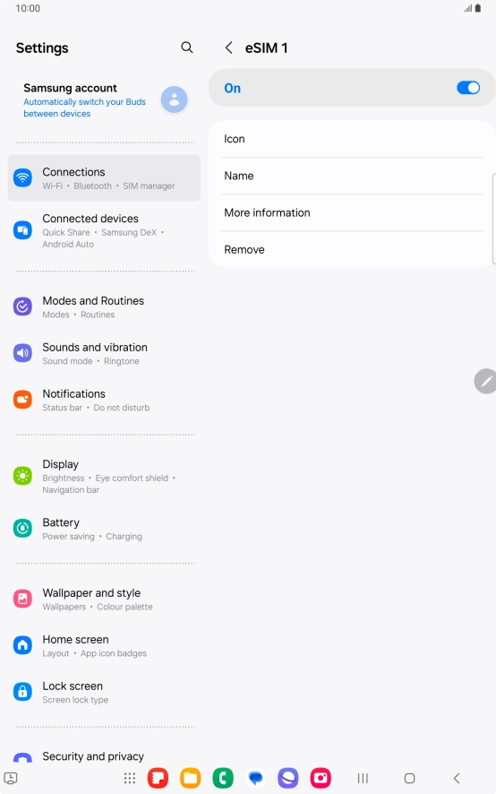 Press the indicator to turn use of the eSIM on or off. Press the indicator to turn use of the eSIM on or off.