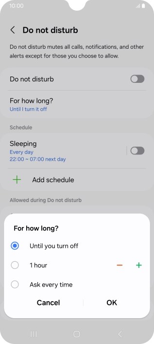 Press the required setting.