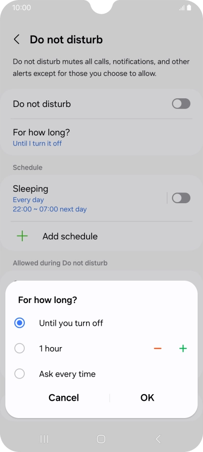 Press the required setting.