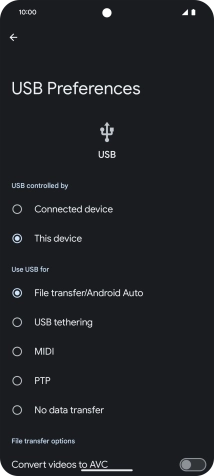 Press File transfer/Android Auto. Press File transfer/Android Auto.