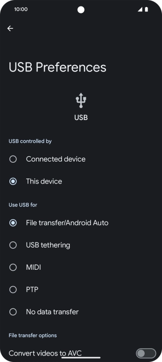 Press File transfer/Android Auto. Press File transfer/Android Auto.