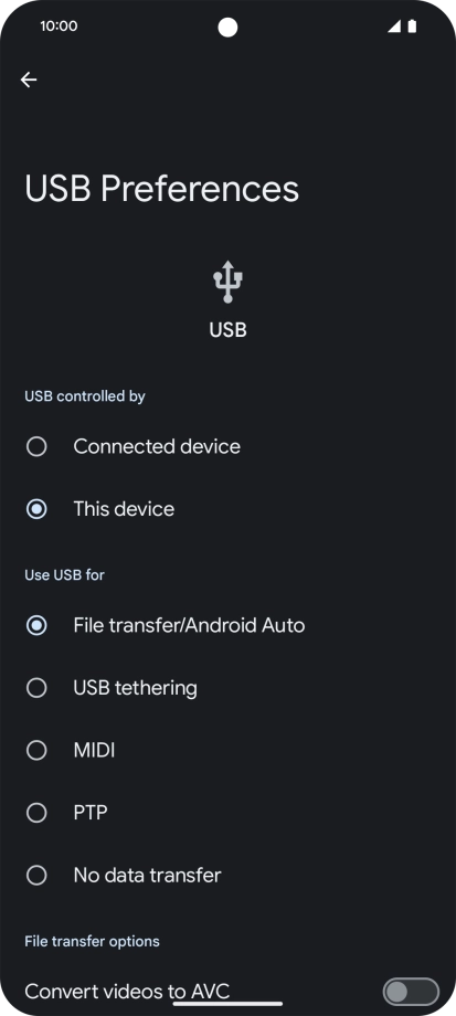 Press File transfer/Android Auto. Press File transfer/Android Auto.