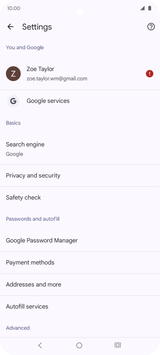 Press Privacy and security.