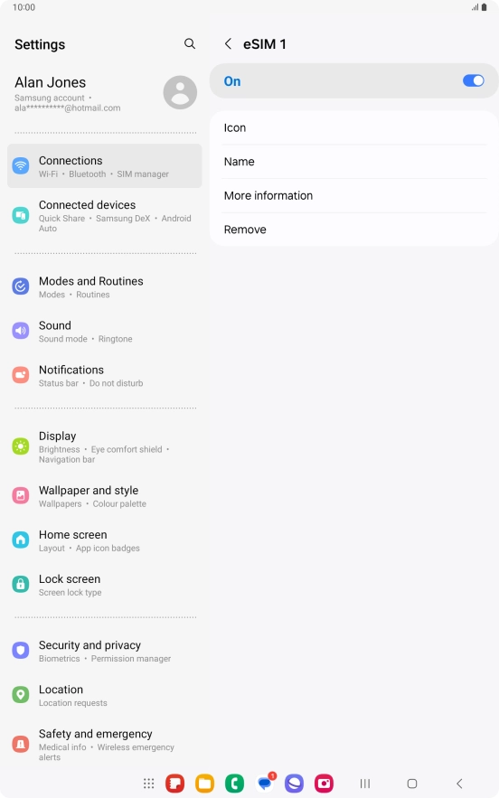 Press the indicator to turn use of the eSIM on or off. Press the indicator to turn use of the eSIM on or off.