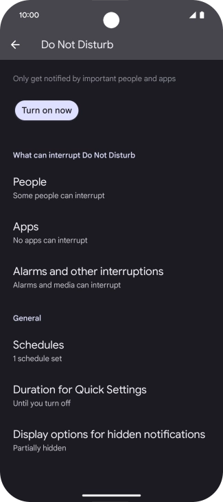 Press Turn on now to turn the function on or off.