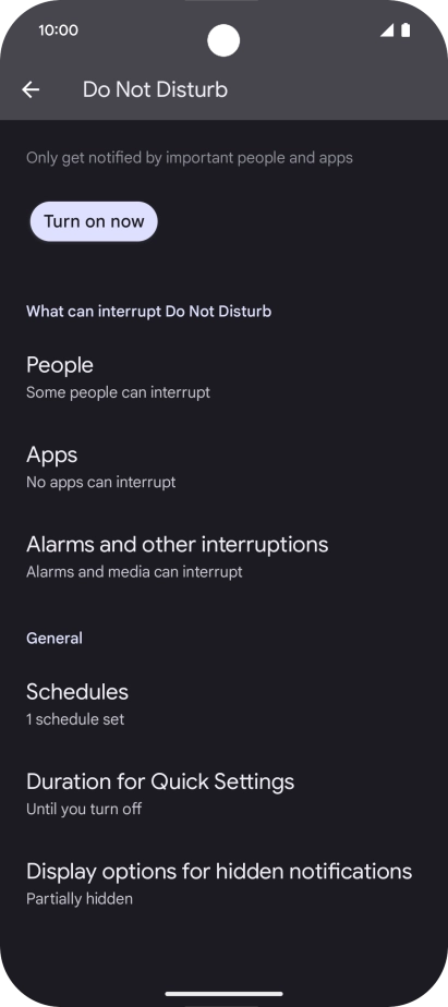Press Turn on now to turn the function on or off.