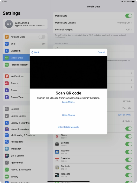 Place the QR code you've received inside the tablet camera frame to scan the code. If you’ve deleted your eSIM, you can re-add it using your existing QR code. If you’re having problems, see our FAQ.