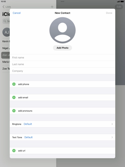 Press First name and key in the first name. Press First name and key in the first name.