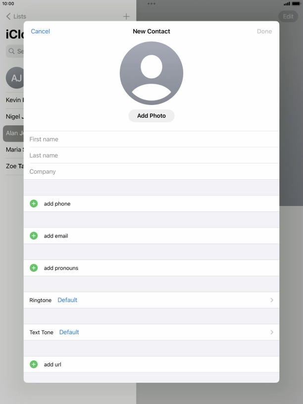 Press First name and key in the first name. Press First name and key in the first name.
