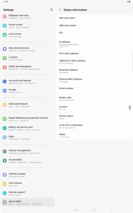 Your tablet's EID number is displayed below EID.
