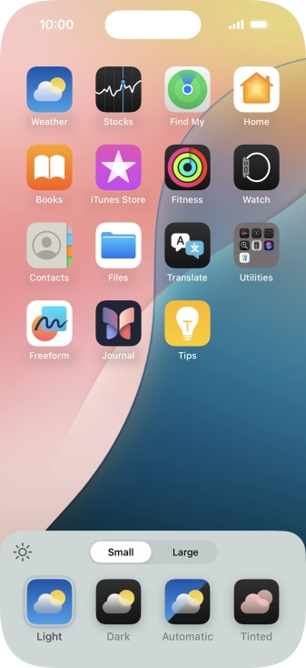 Press the required setting to select the size of app icons on the home screen.