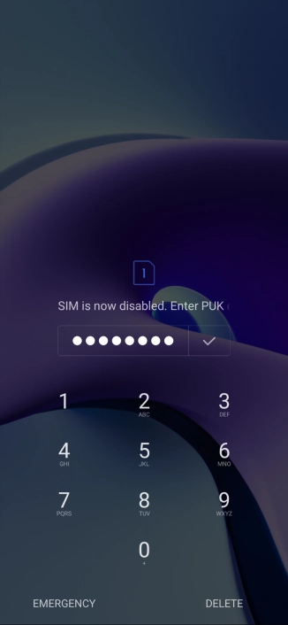 Key in the PUK and press the confirm icon.