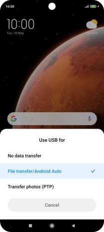 Press File transfer/Android Auto.