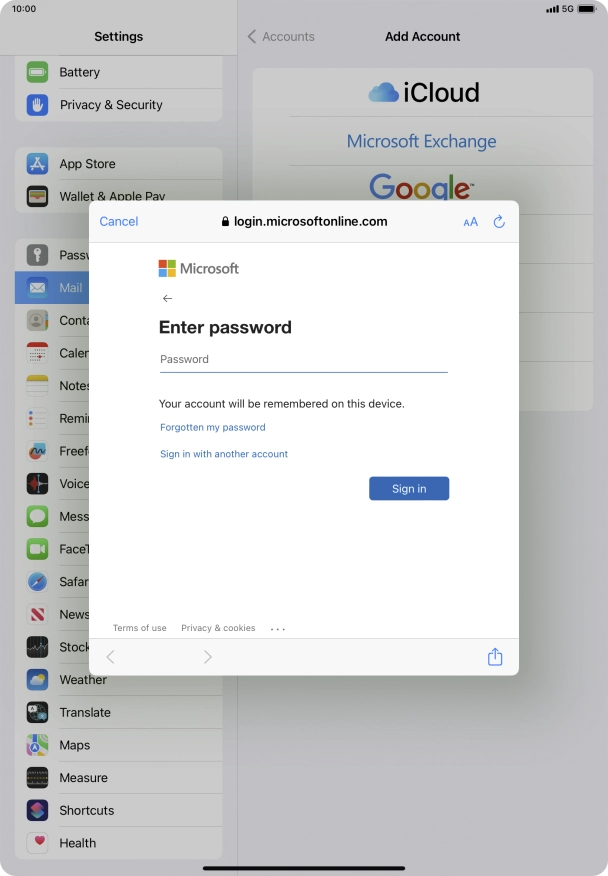Press Password and key in the password for your email account.