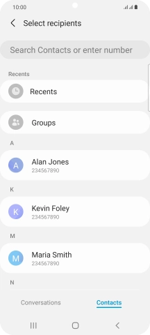 Press the search field and key in the first letters of the recipient's name.