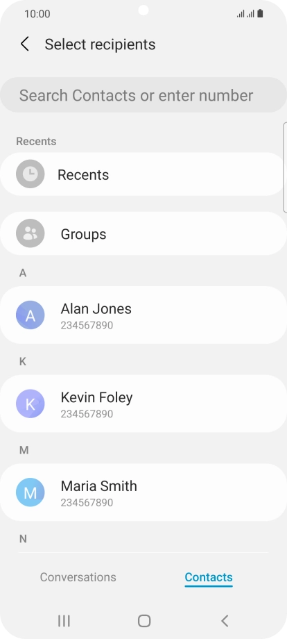 Press the search field and key in the first letters of the recipient's name.