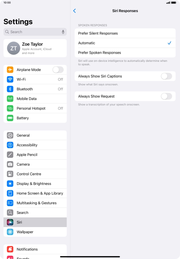 Press the required setting.