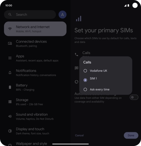 Press the required setting. Press the required setting.
