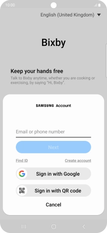 If you don't have a Samsung account, press Create account and follow the instructions on the screen to create an account. If you don't have a Samsung account, press Create account and follow the instructions on the screen to create an account.