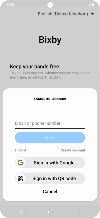 If you don't have a Samsung account, press Create account and follow the instructions on the screen to create an account. If you don't have a Samsung account, press Create account and follow the instructions on the screen to create an account.