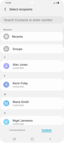 Press the search field and key in the first letters of the recipient's name.