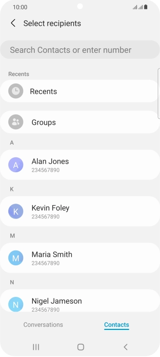 Press the search field and key in the first letters of the recipient's name.