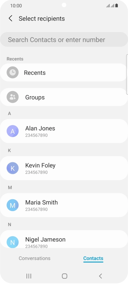 Press the search field and key in the first letters of the recipient's name.