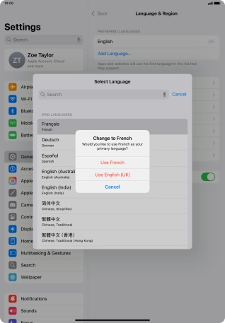 To select the new language as the default tablet language, press Use ‹language›.