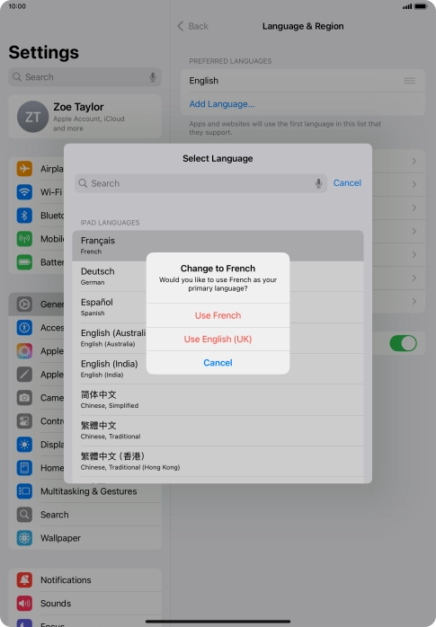 To select the new language as the default tablet language, press Use ‹language›.