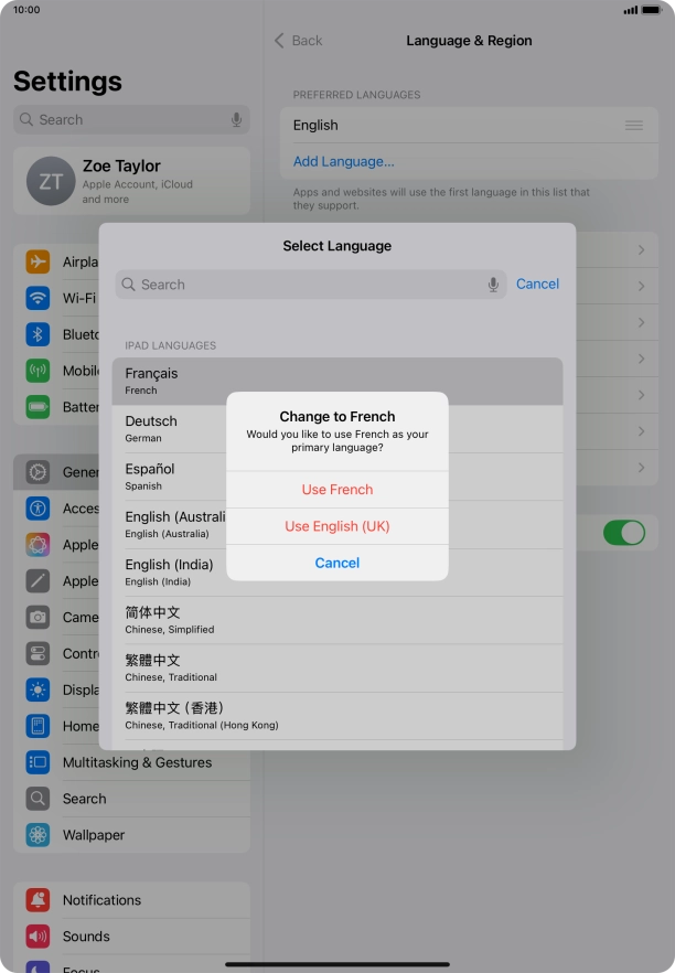 To select the new language as the default tablet language, press Use ‹language›.