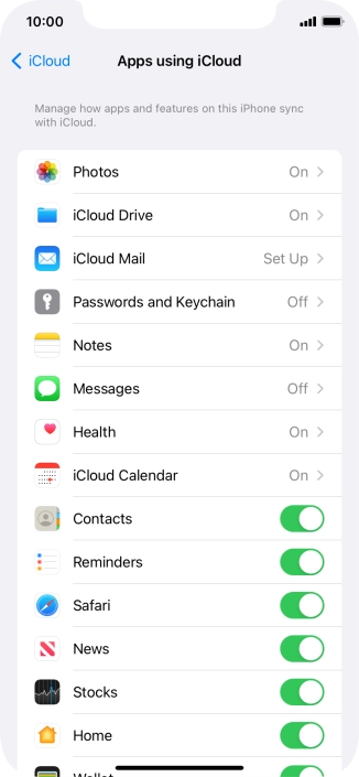 Press the indicators next to the required data types to turn synchronisation of each data type on or off.
