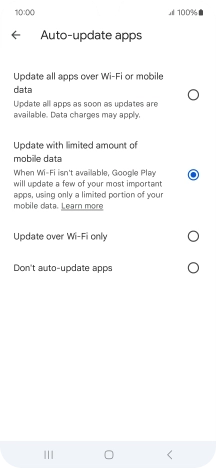 To turn on automatic update of apps using the mobile network, press the field next to To turn on automatic update of apps using the mobile network, press the field next to
