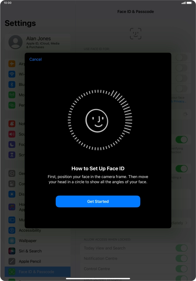 Press Get Started and follow the instructions on the screen to set up Face ID.