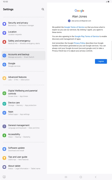 Press I agree and follow the instructions on the screen to select settings for your Google account. Press I agree and follow the instructions on the screen to select settings for your Google account.