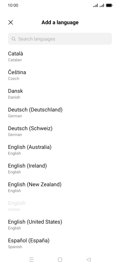 Press the required language to add it to the list of phone languages.