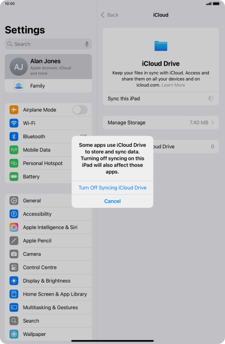 If you turn off the function, press Turn Off Syncing iCloud Drive.